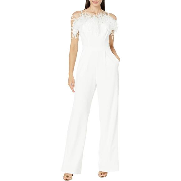 XSCAPE Women's Long Jumpsuit Scuba Crepe Feather Sleeveless White Size 6